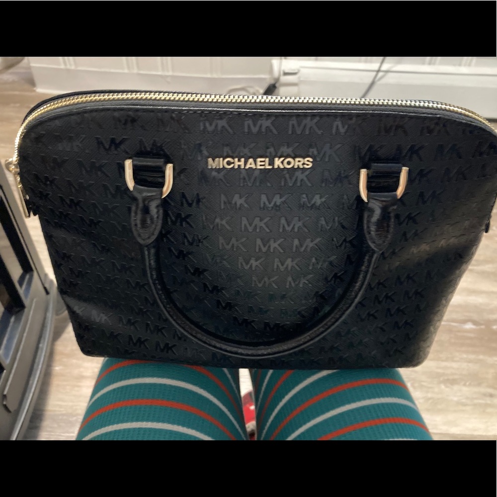 Michael Kors Black and Gold Mini Bag with Signature MK Pattern